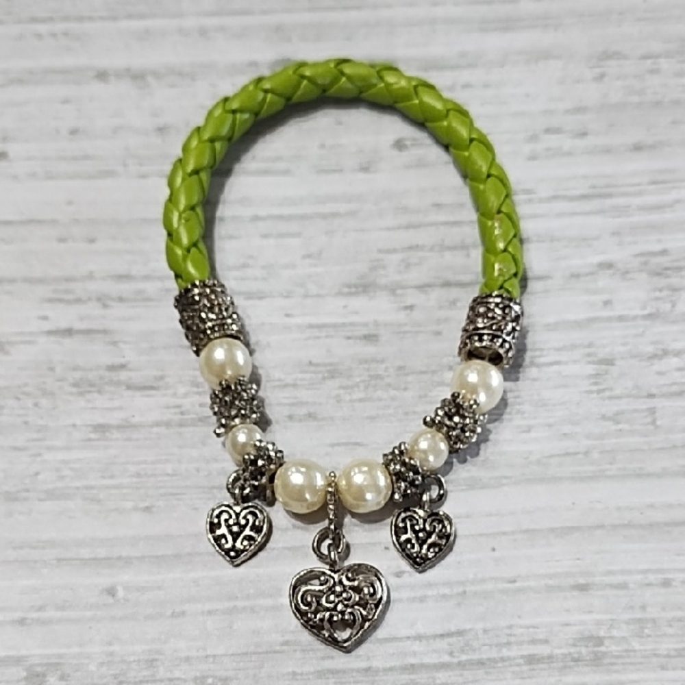 Green Braided Stretchy Bracelet with Silver Tone Heart Charms And Faux Pearls.